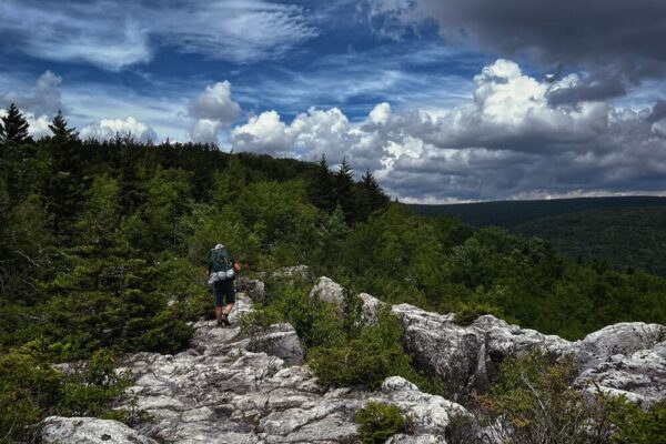 Visit Canaan Valley for Cool Weather Summer Vacations: A person is hiking in the mountains
